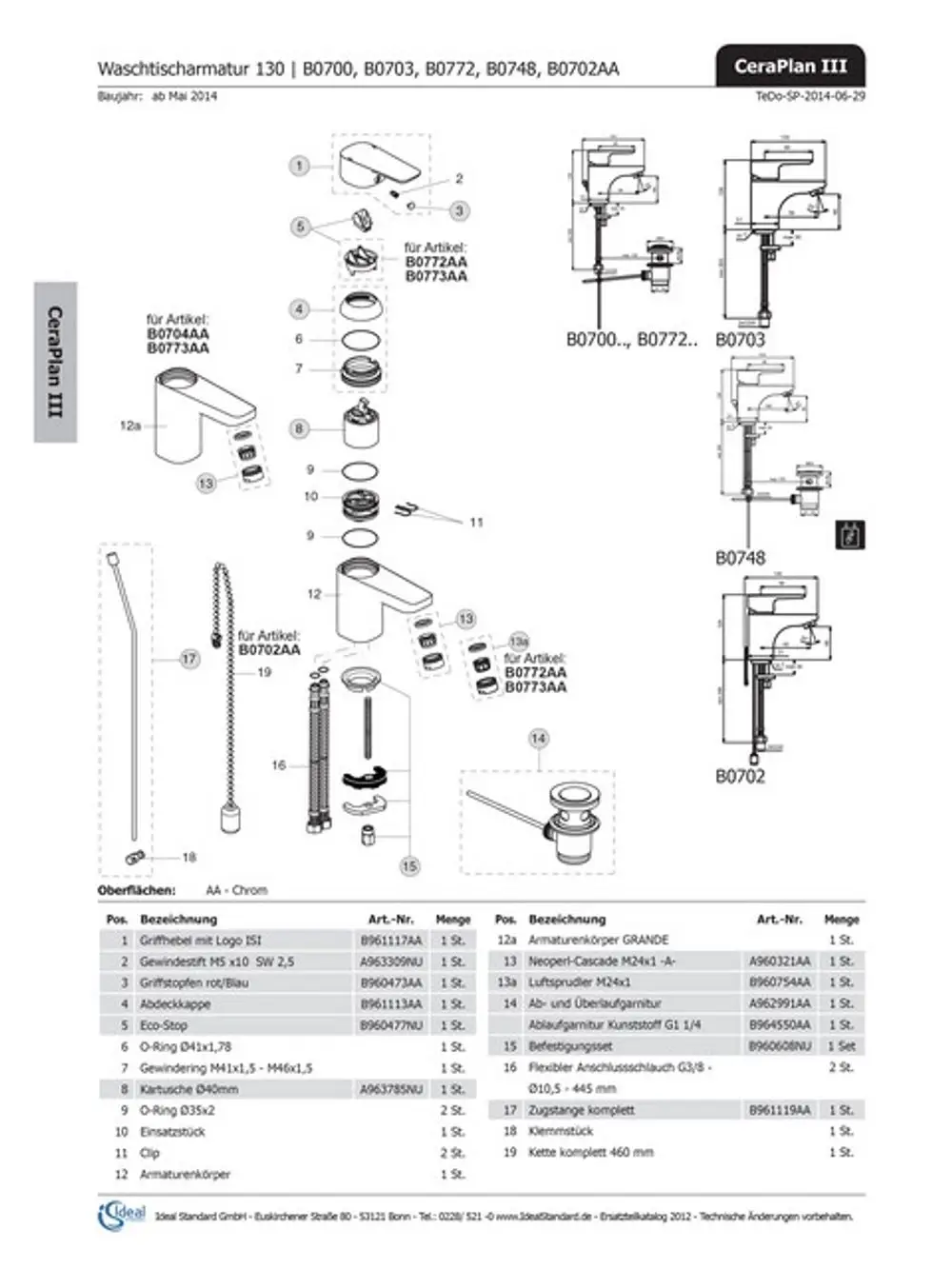 Ideal Standard Ceraplan III Zugstange in Chrom, Teil eines Wasserhahnsystems, dargestellt mit verschiedenen Komponenten und Zubehörteilen zur Montage und Installation.